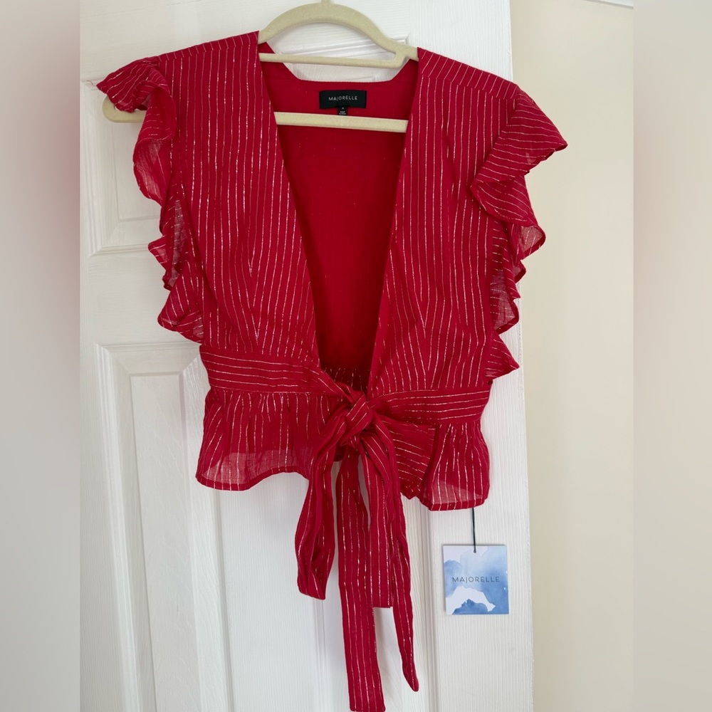 MAJORELLE Red Striped Ruffle Blouse